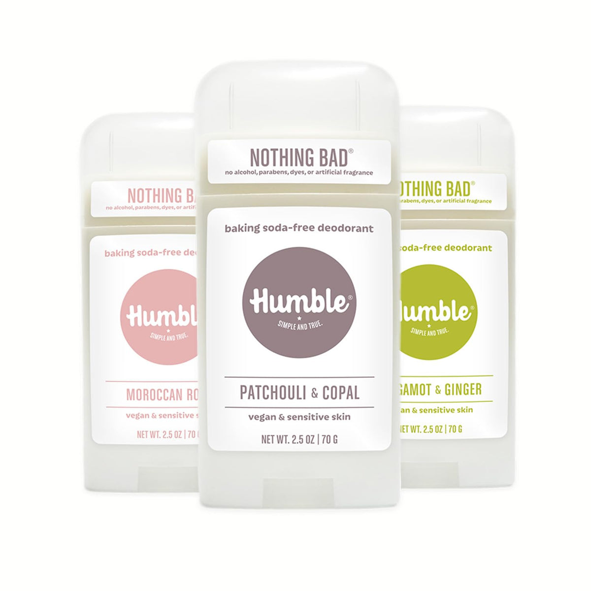 Humble Brands Patchouli Copal aluminum-free deodorant bottle with smooth glide for sensitive skin.