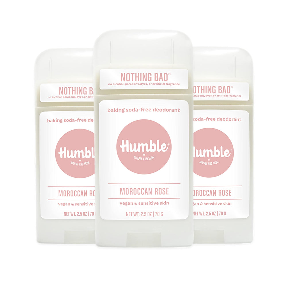 HUMBLE BRANDS Moroccan Rose deodorant pack front showing three sticks for value