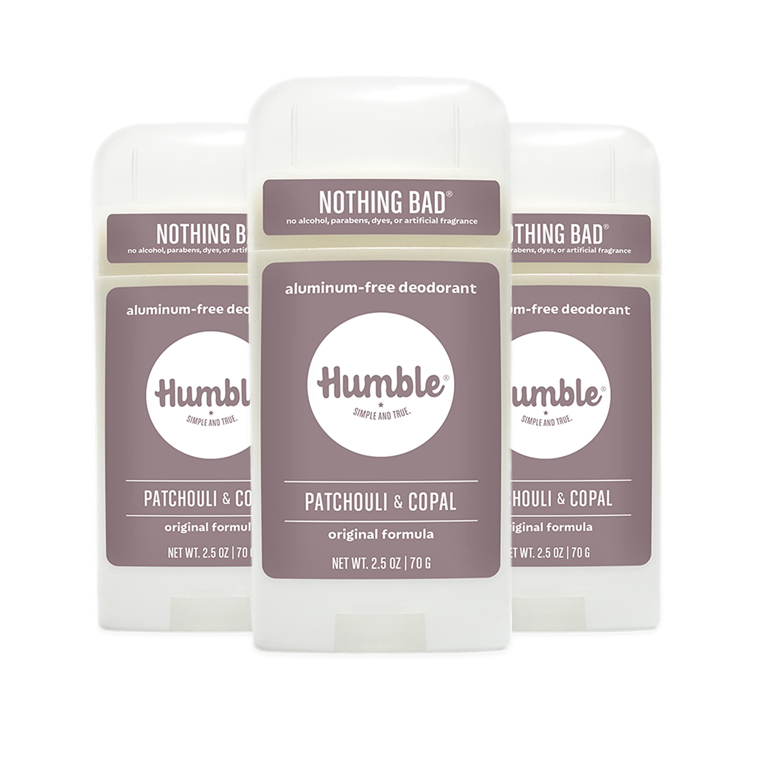 Humble Brands Original Formula deodorant packaging trio display for easy multi-pack use.