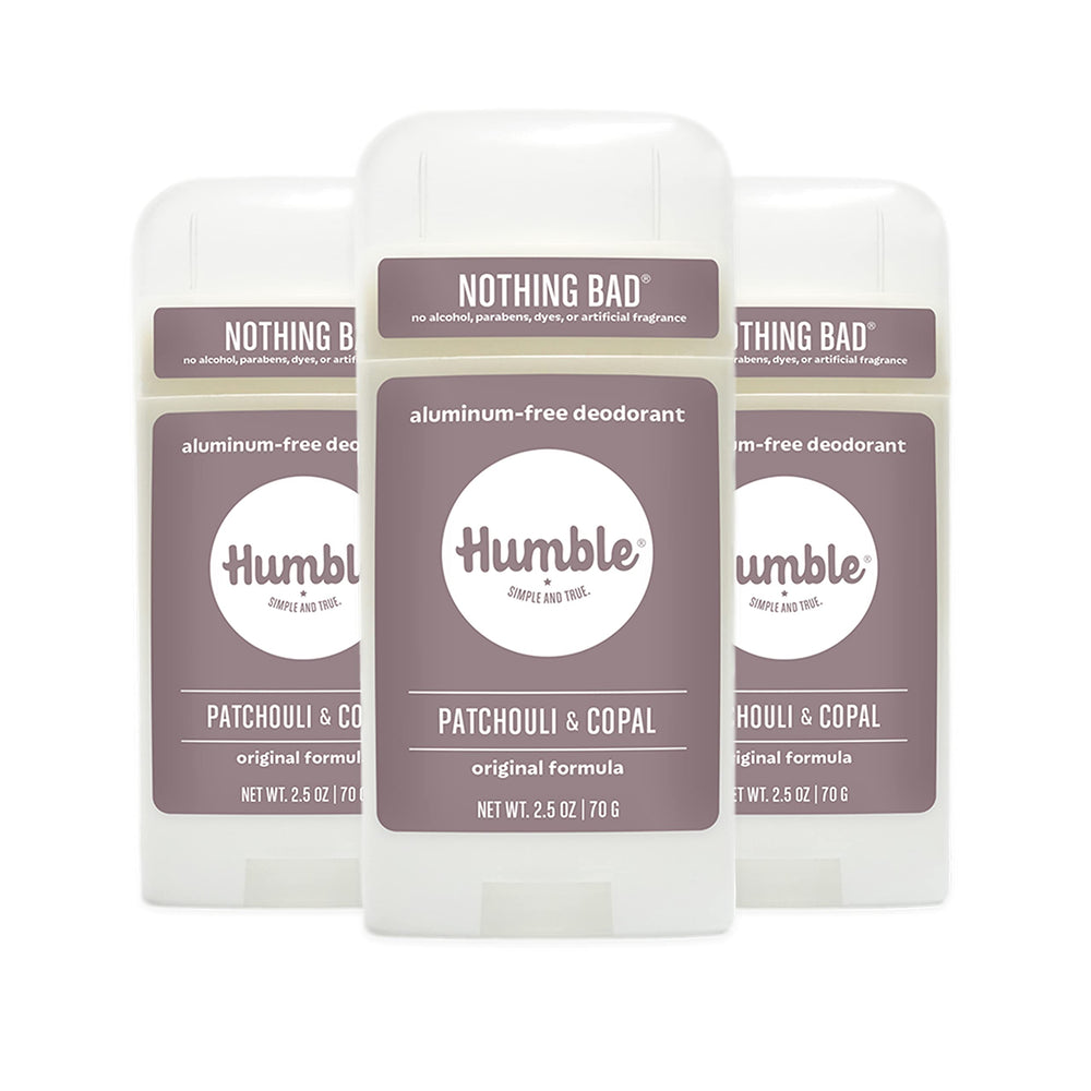Humble Brands Original Formula deodorant packaging trio display for easy multi-pack use.