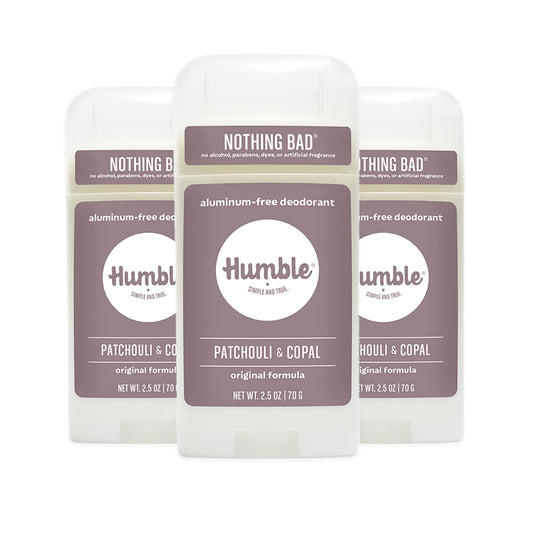 Humble Brands Original Formula deodorant packaging trio display for easy multi-pack use.