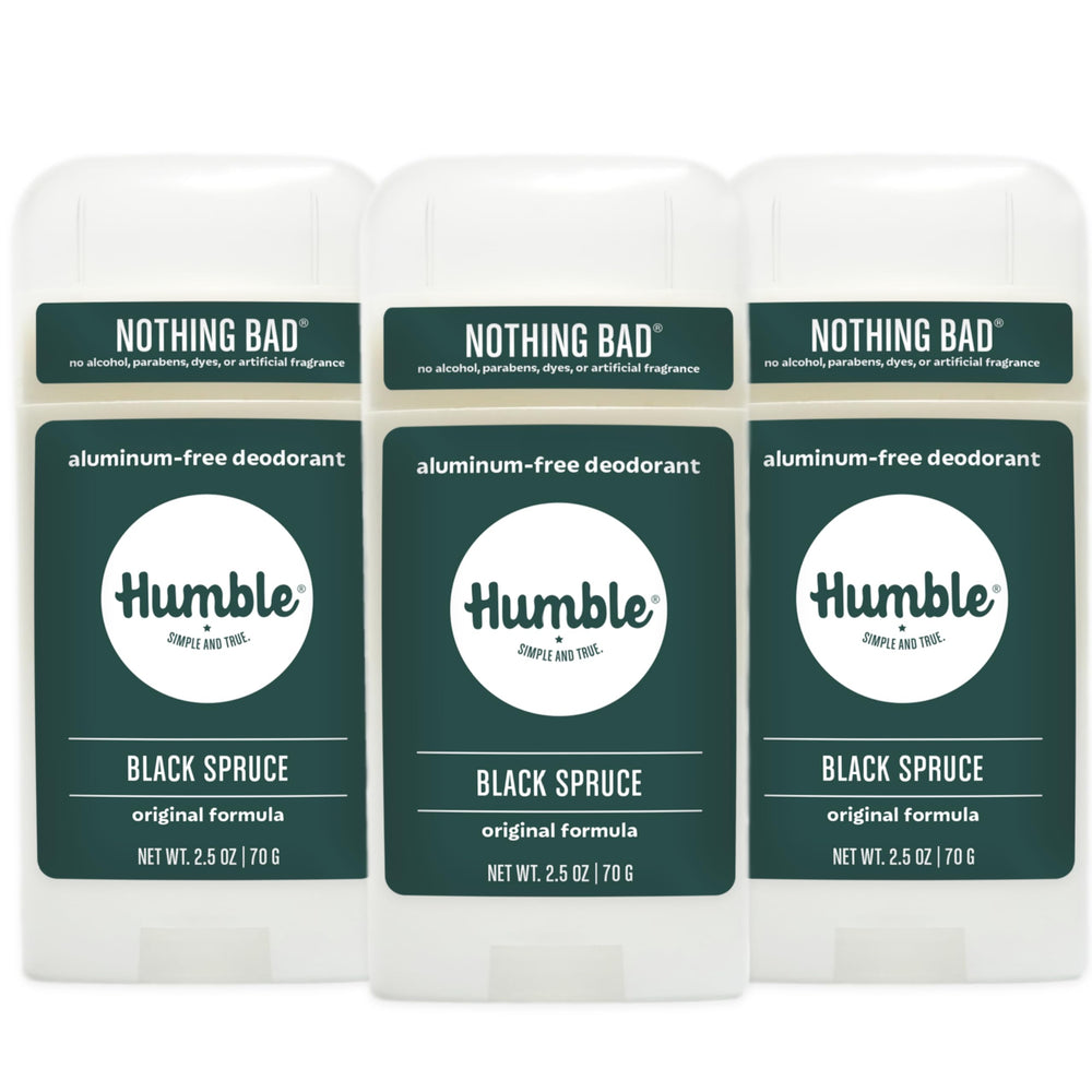 HUMBLE Original Formula Black Spruce deodorant bottle for all-day odor control.