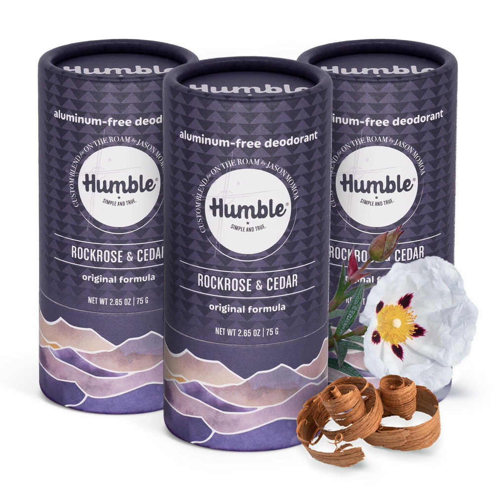 Humble Rockrose Cedar deodorant 3-pack front view with eco-friendly packaging