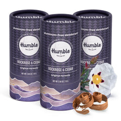 Humble Rockrose Cedar deodorant 3-pack front view with eco-friendly packaging