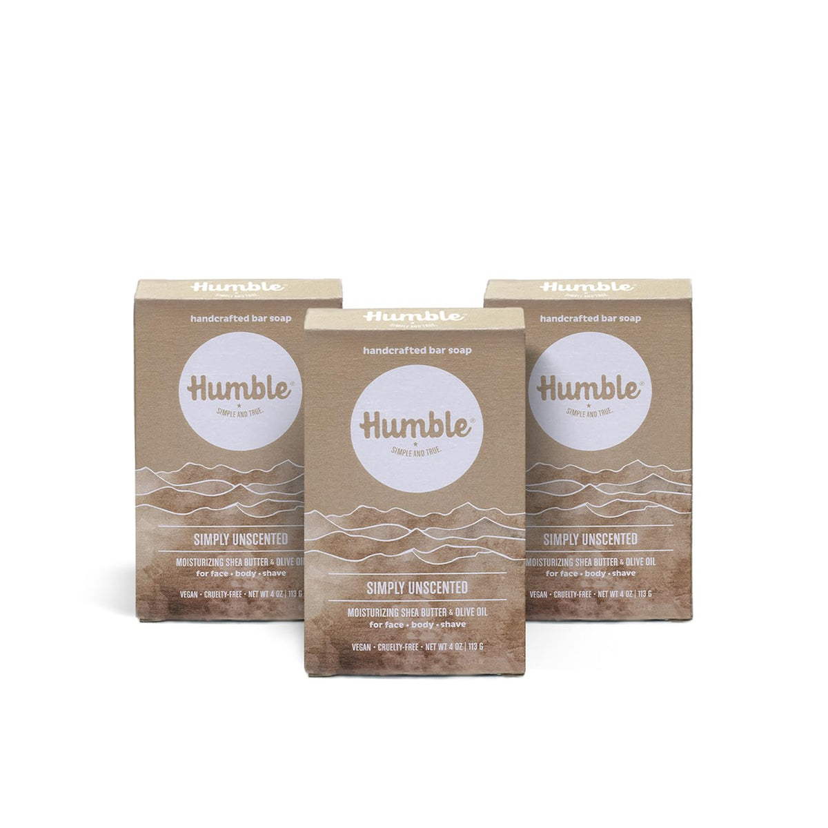 Humble Simple and True unscented bar soap 3-pack for sensitive skin and daily gentle cleansing.