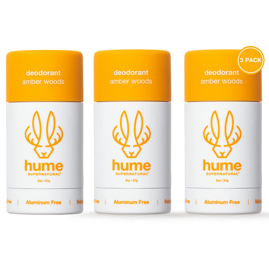 Hume Supernatural Amber Woods 3-pack box showing aluminum-free freshness for all-day wear