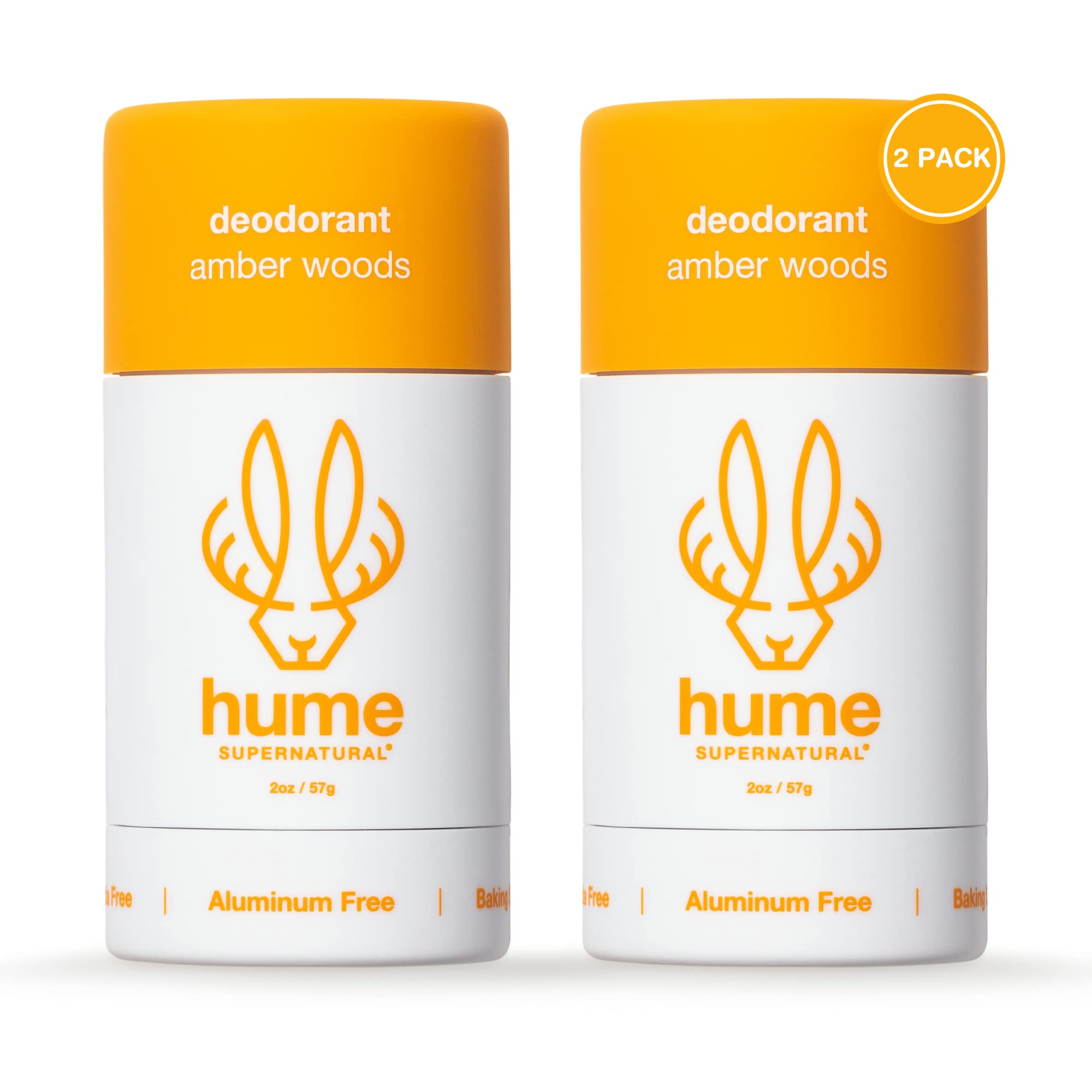 Hume Supernatural amber woods deodorant packaging highlights skin-friendly, odor-control formula.