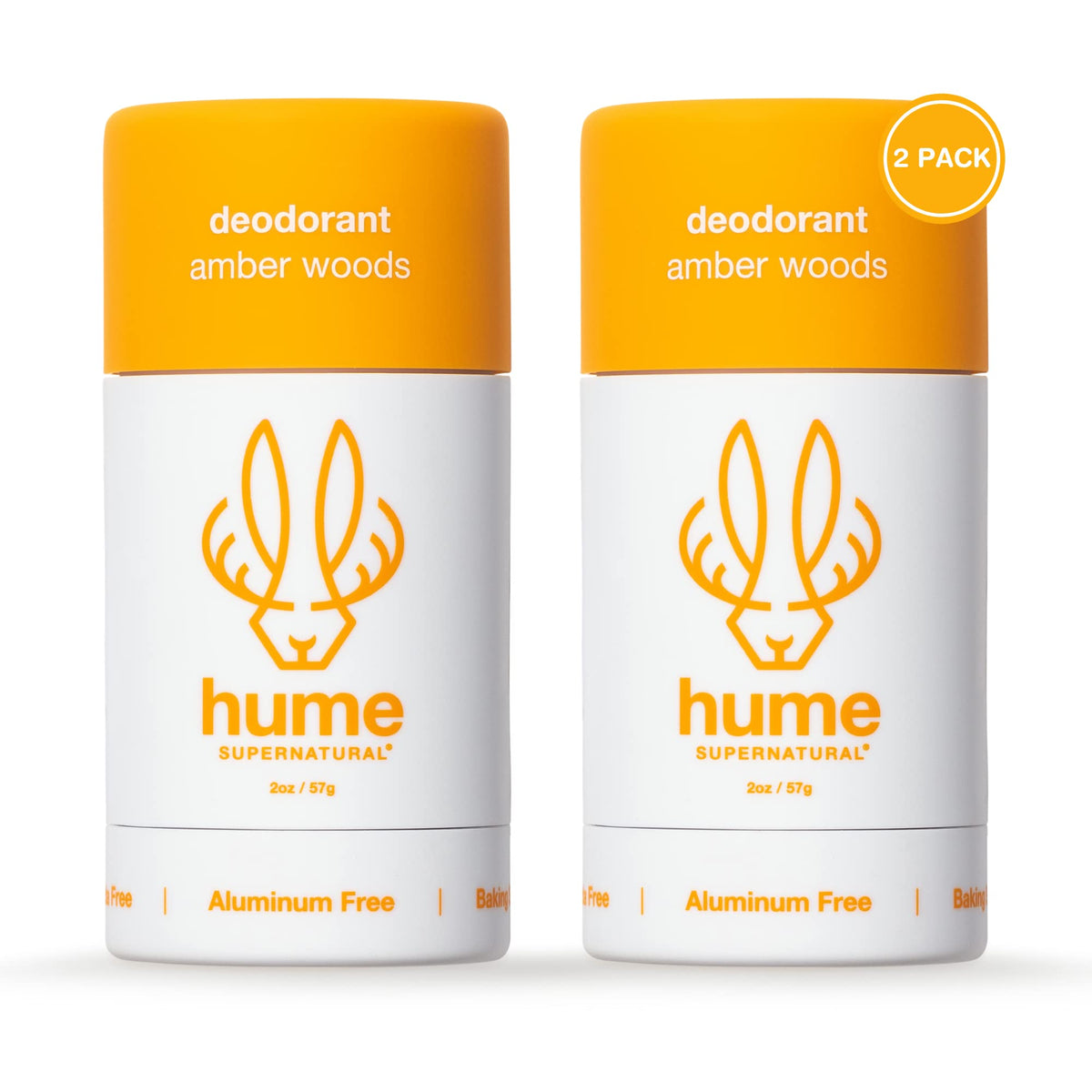 Hume Supernatural amber woods deodorant packaging highlights skin-friendly, odor-control formula.