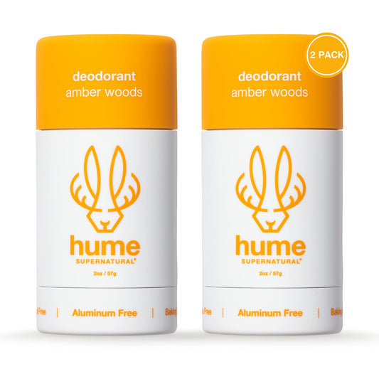 Hume Supernatural amber woods deodorant packaging highlights skin-friendly, odor-control formula.