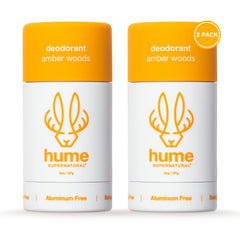 Hume Supernatural amber woods deodorant packaging highlights skin-friendly, odor-control formula.