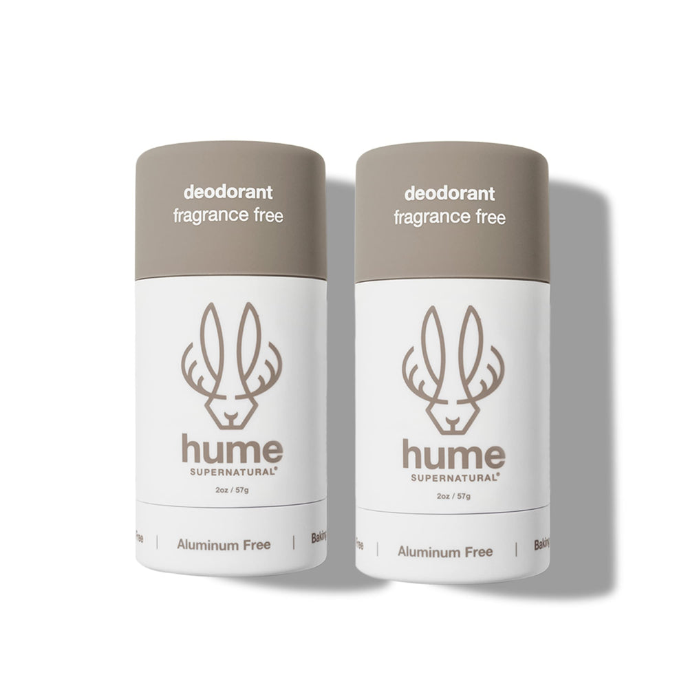 Hume Supernatural deodorant bottle demonstrates aluminum-free odor control.