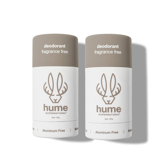 Hume Supernatural deodorant bottle demonstrates aluminum-free odor control.