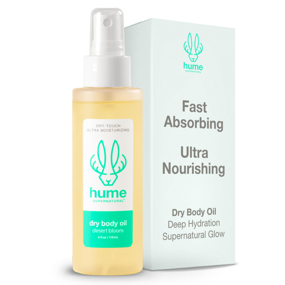 HUME SUPERNATURAL Dry Body Oil Spray with prickly pear oil for fast hydration after shower.