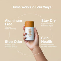 Hume probiotic, plant-based deodorant supporting skin microbiome and gentle protection.
