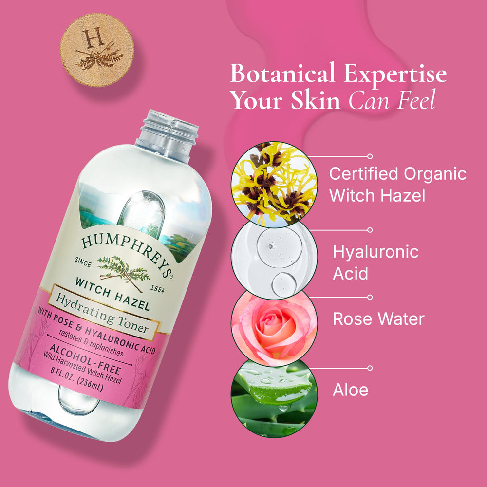 Humphreys Witch Hazel Hydrating Toner cotton pad application visual.