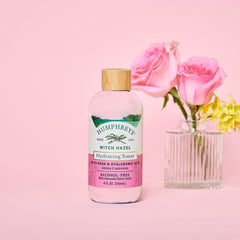 Humphreys Witch Hazel Toner bottle on bathroom shelf.