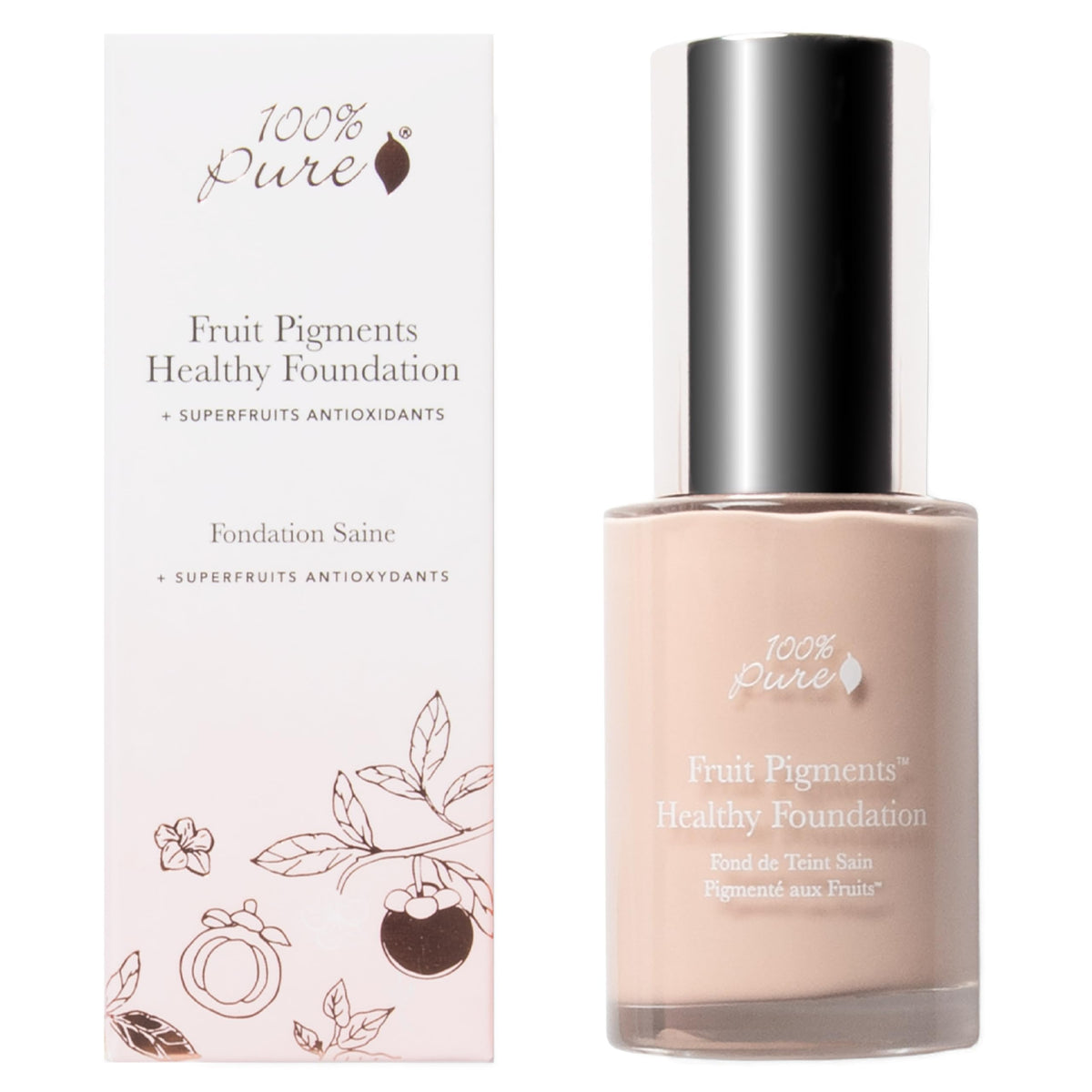 100% PURE Alpine Rose foundation bottle showing shade for fair skin with natural finish
