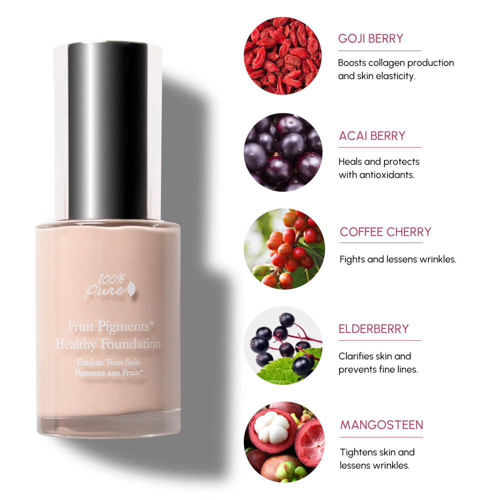 100% PURE Alpine Rose foundation swirl reveals fruity pigment texture for a radiant look