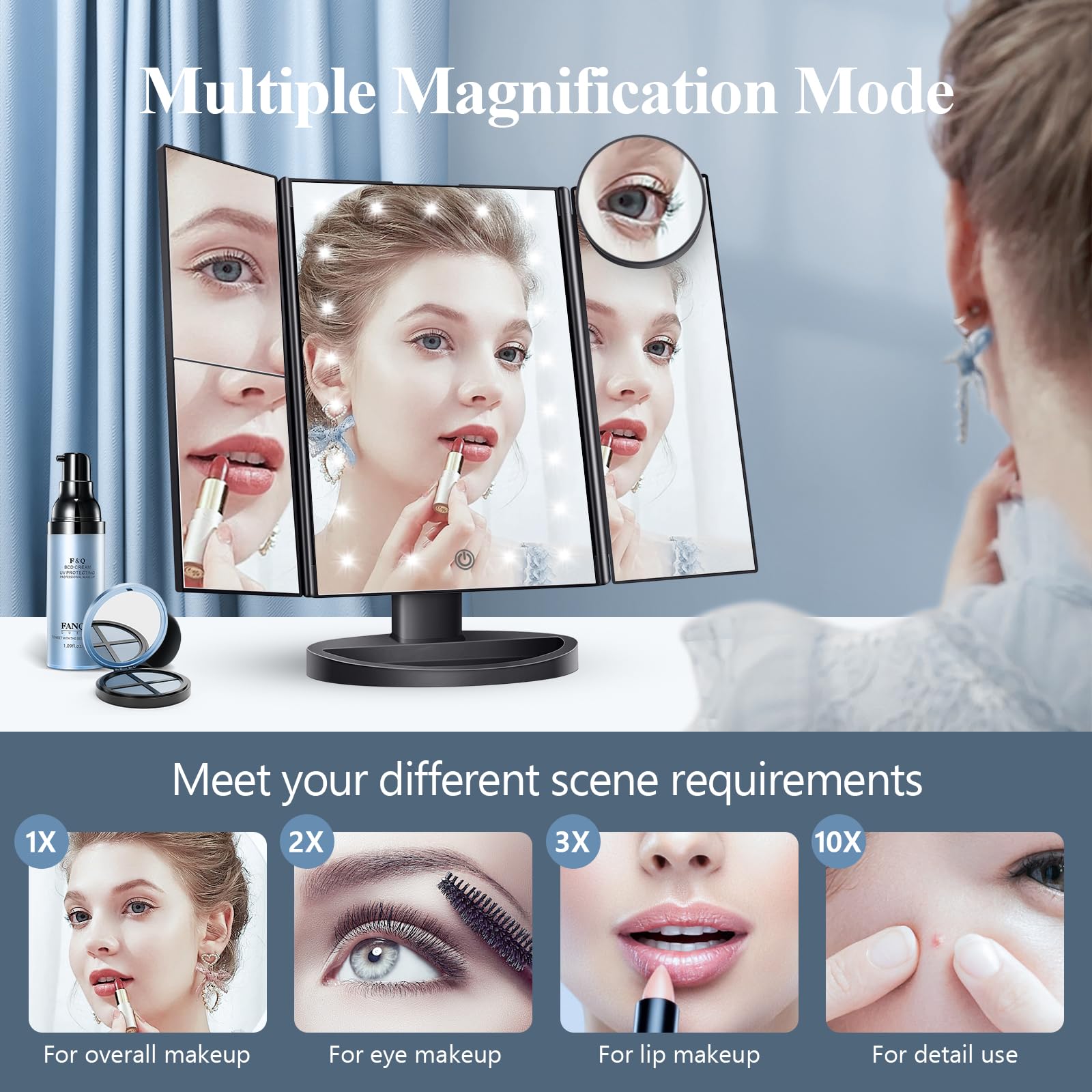 HUONUL makeup mirror with lights, 3x magnification for detailed brow shaping
