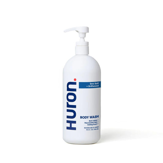Huron Men’s body wash sea salt bottle for a refreshing cleanse and refreshed skin.