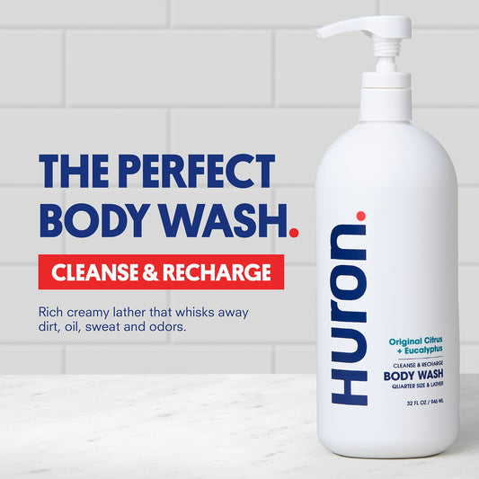 Huron men's body wash eucalyptus mint notes for a cooling start