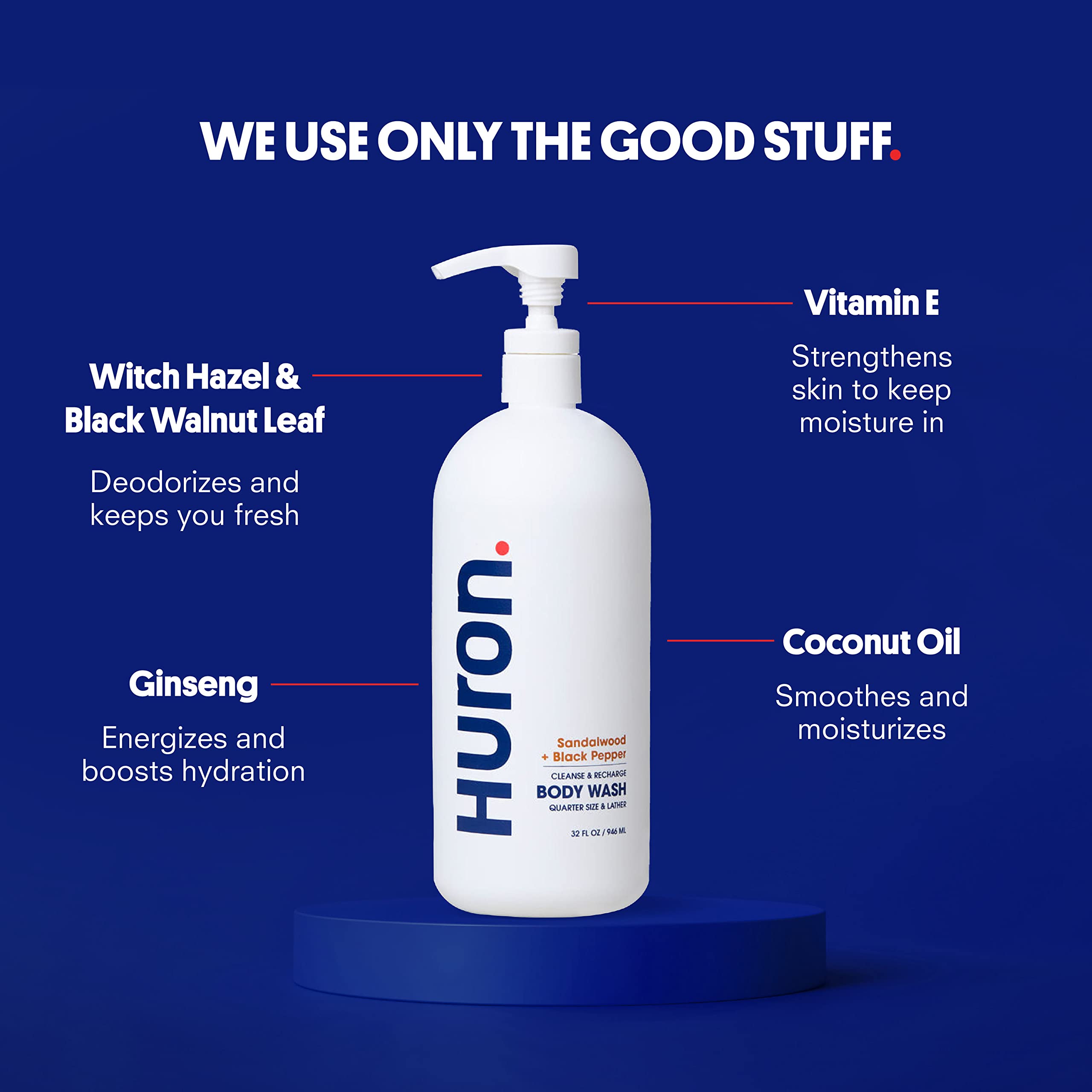 Bottle highlighting the clean woody scent of sandalwood and amber.