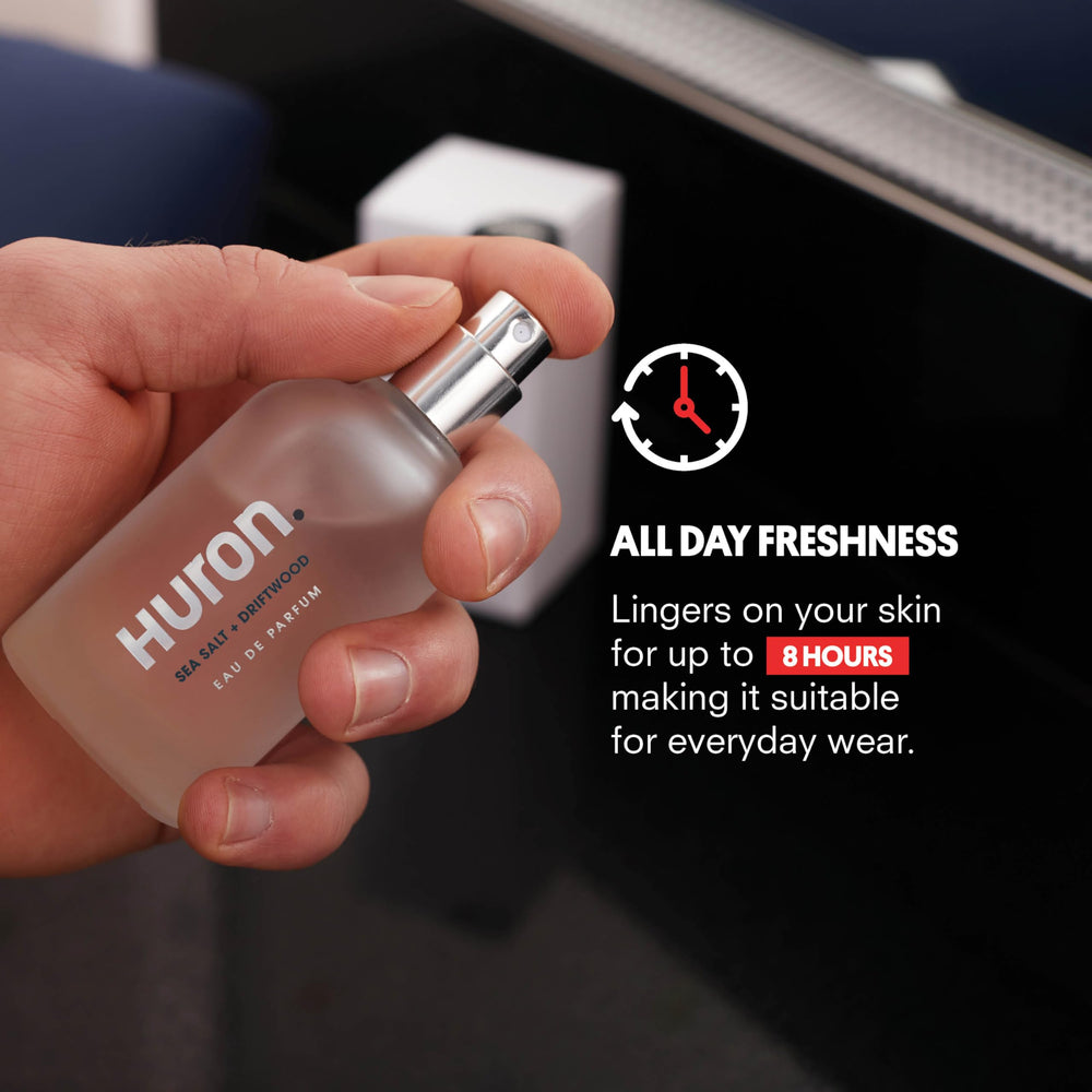 Huron Men’s Cologne glass bottle with sleek, gift-ready presentation