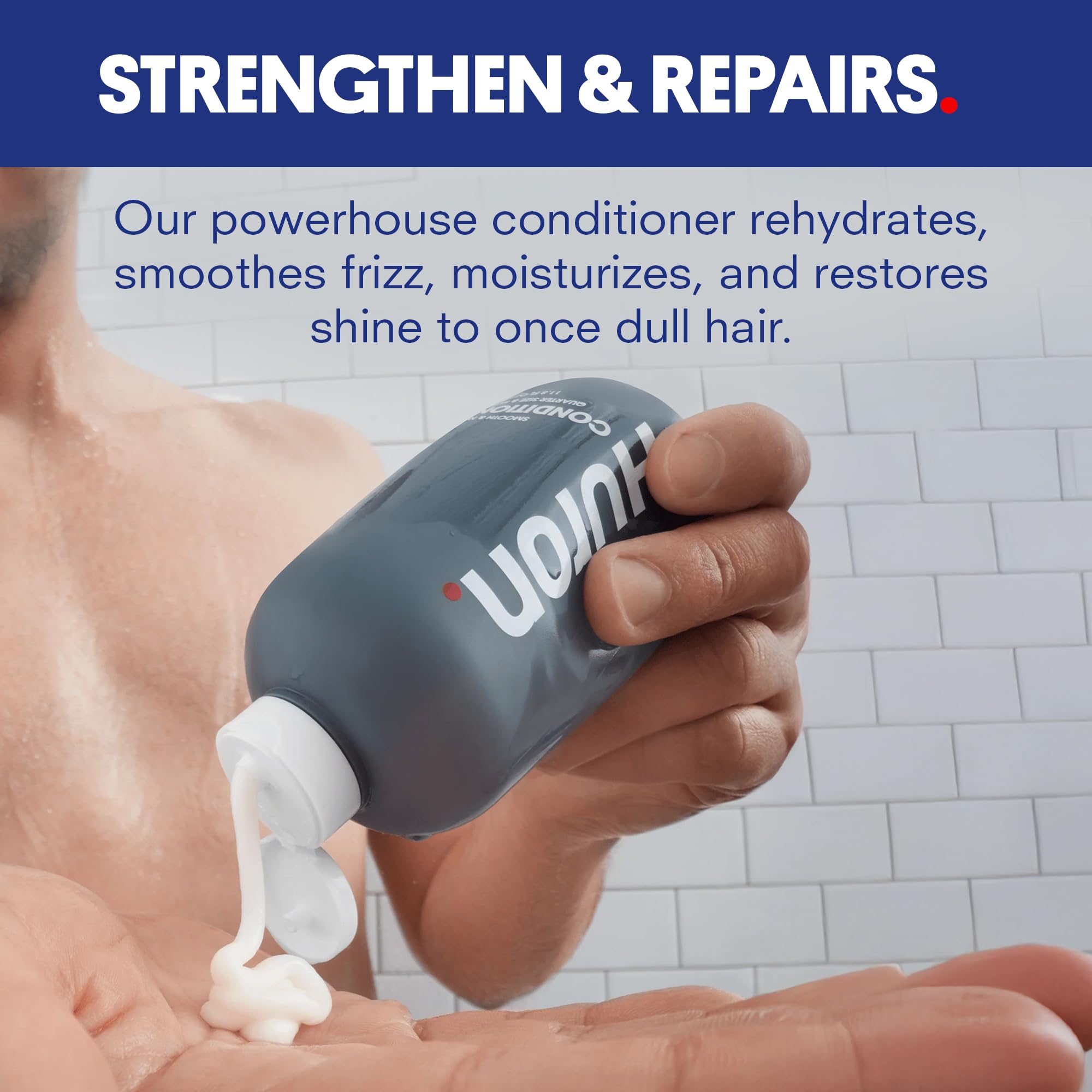 Huron Men's Conditioner bottle side highlighting vegan formula for daily use