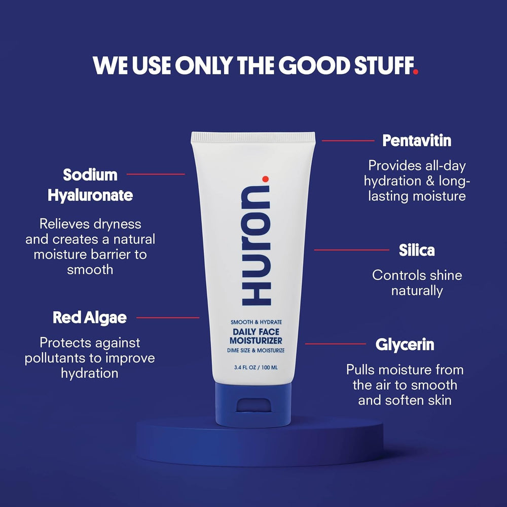 Huron Men’s Face Moisturizer highlights sodium hyaluronate and pentavitin for lasting moisture