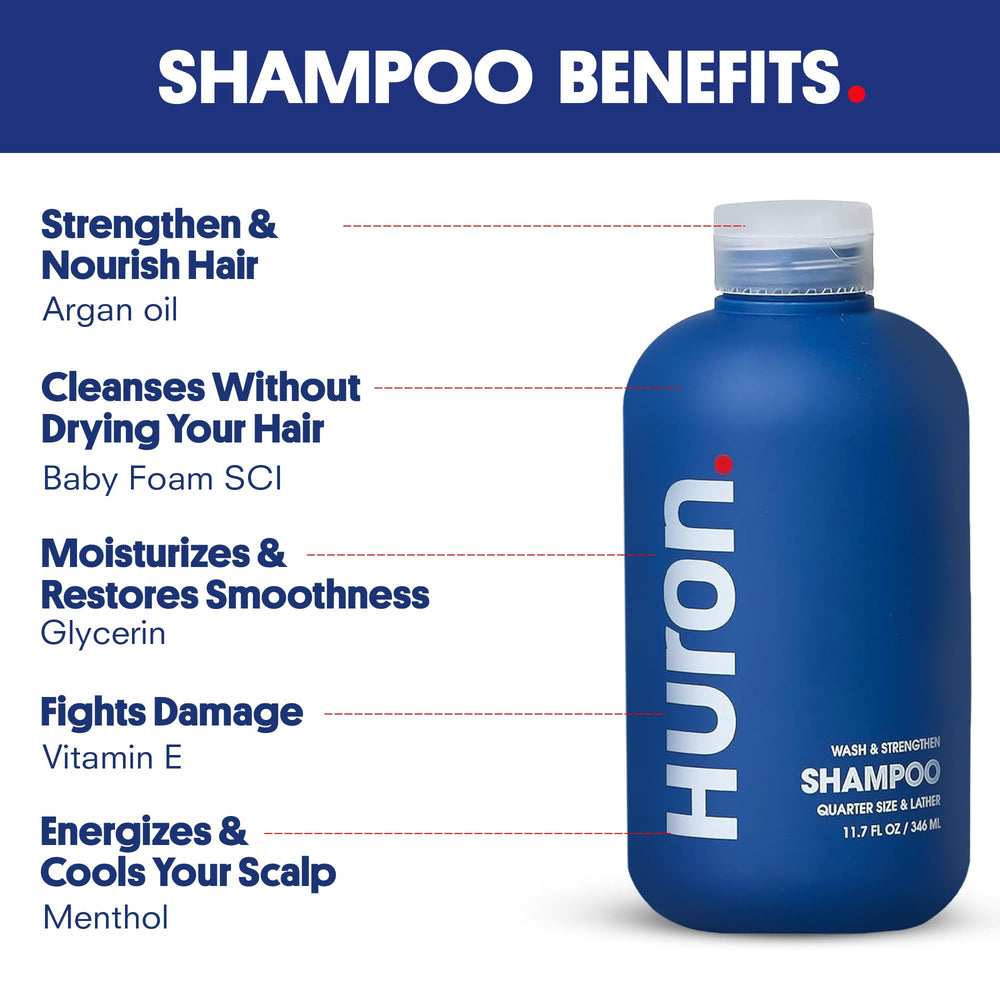 Huron Shower Kit body wash bottle closeup with sandalwood and pepper scent
