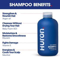 Huron Shower Kit body wash bottle closeup with sandalwood and pepper scent