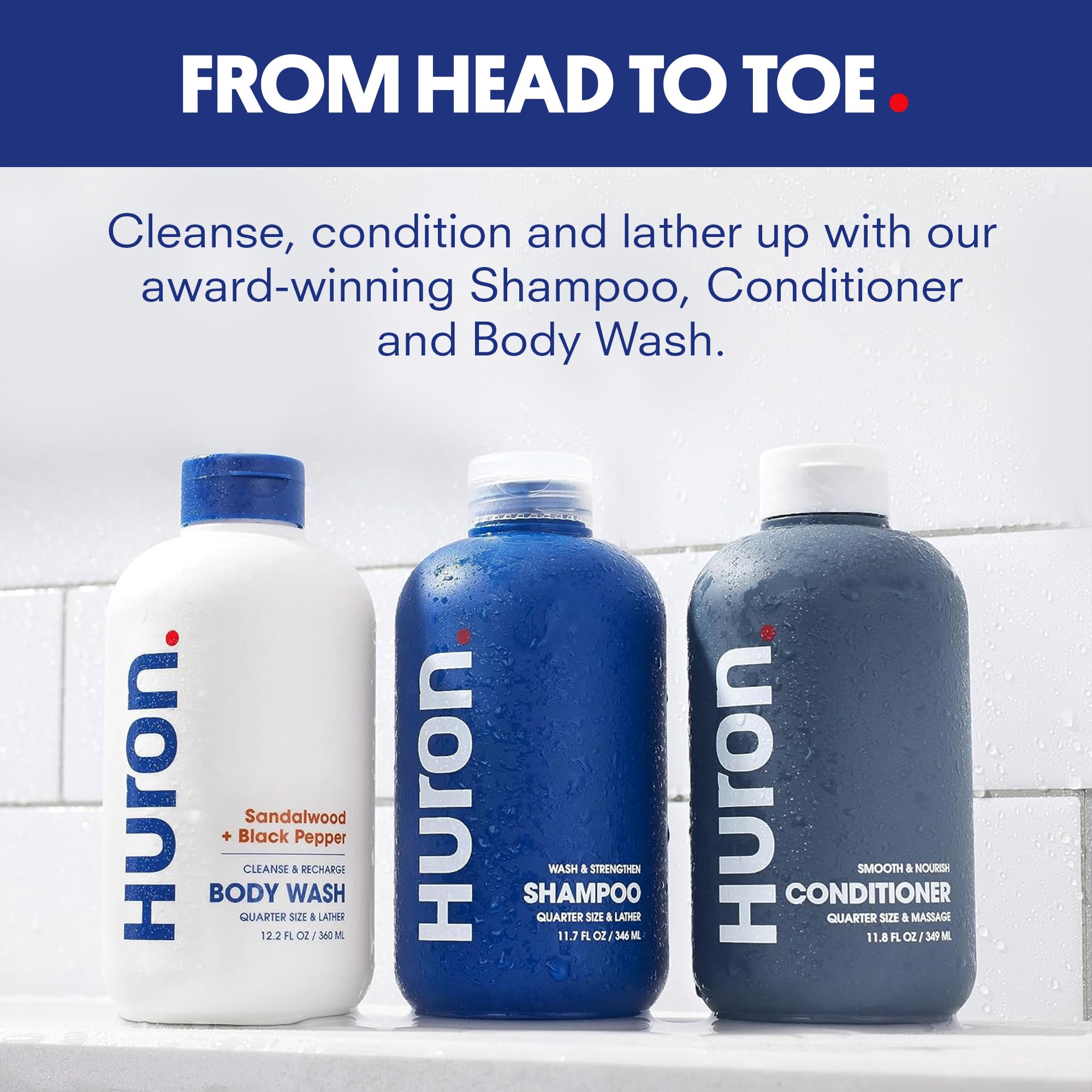 Huron Shower Kit conditioner bottle closeup for nourished hair