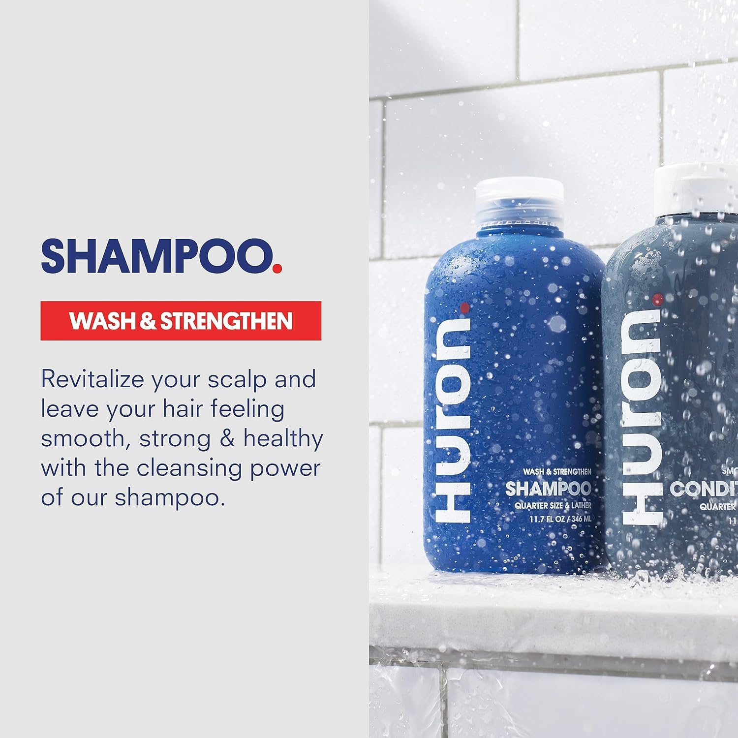 Hands apply shampoo in a steamy shower with Huron scent.