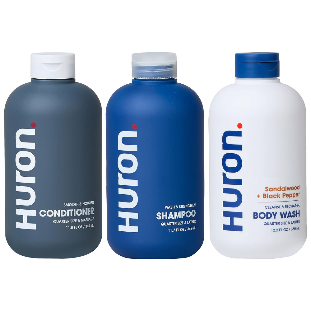Huron Shower Kit shampoo bottle closeup for a hydrating cleanse