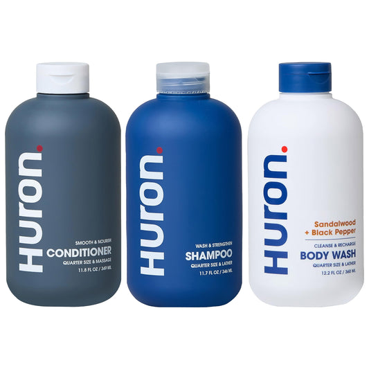 Huron Shower Kit shampoo bottle closeup for a hydrating cleanse