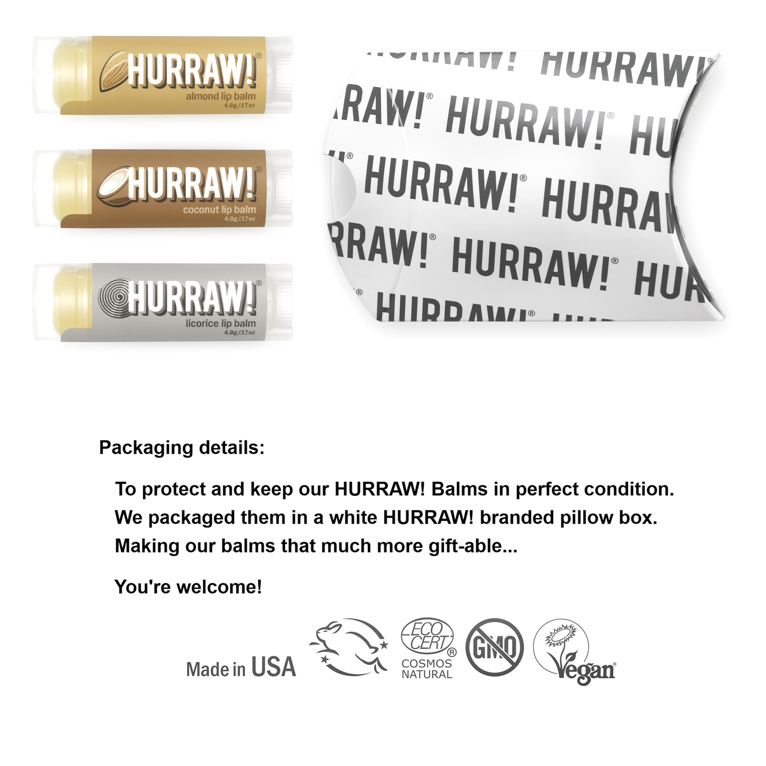 Hurraw Almond lip balm oval-tube close-up showing creamy texture and smooth glide.