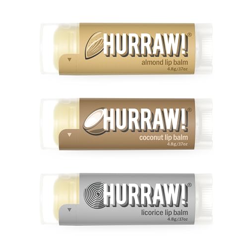 Hurraw Almond lip balm packaging highlights organic formula for daily moisture.