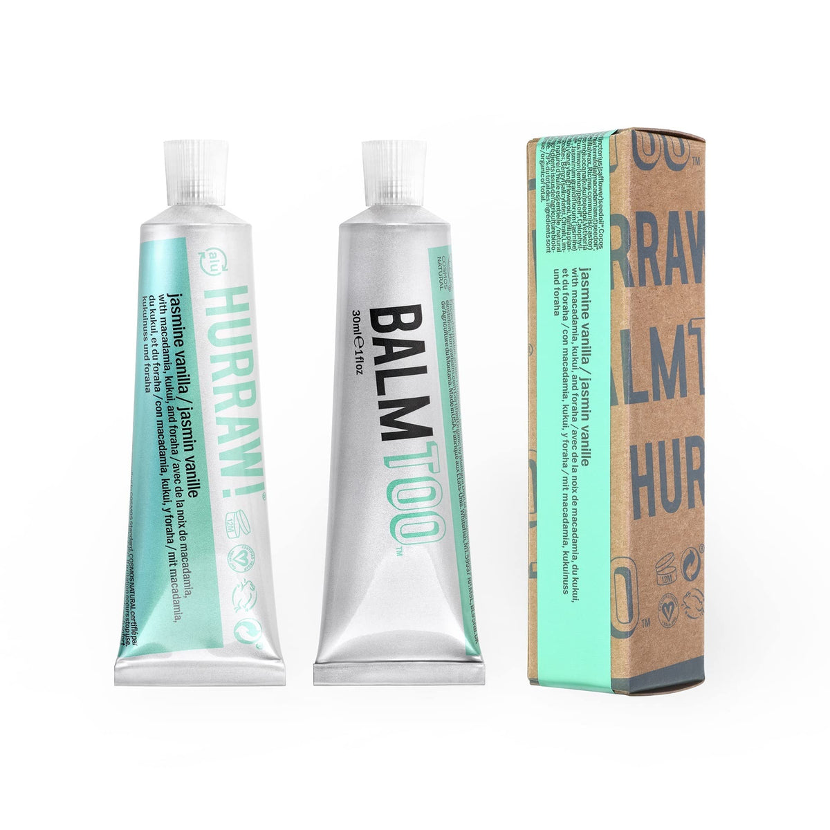 Hurraw Balmtoo Jasmine Vanilla tube for on-the-go moisture and easy application.
