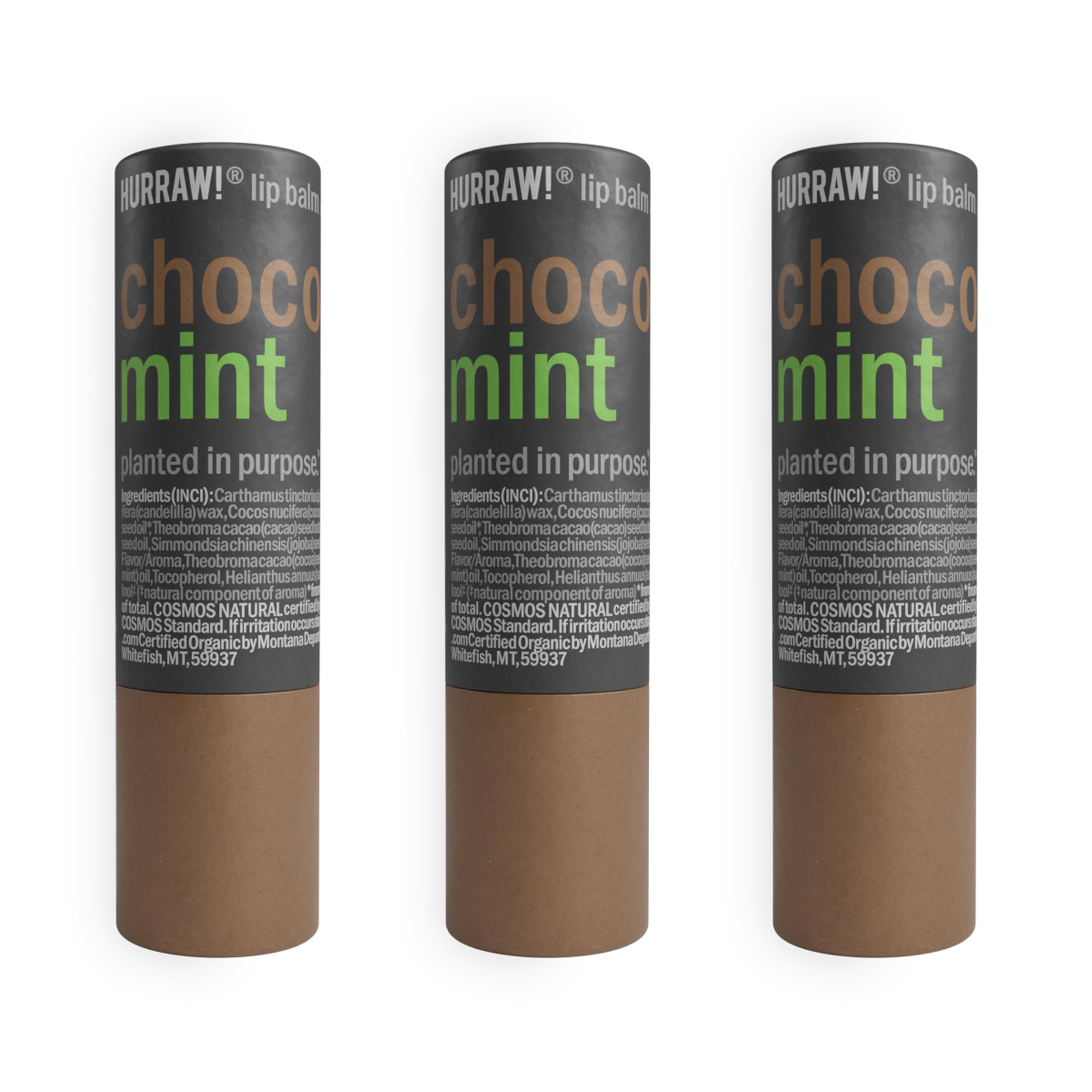 Hurraw Chocolate and Mint Lip Balm 3 pack in plastic free cardboard tubes for eco friendly lips