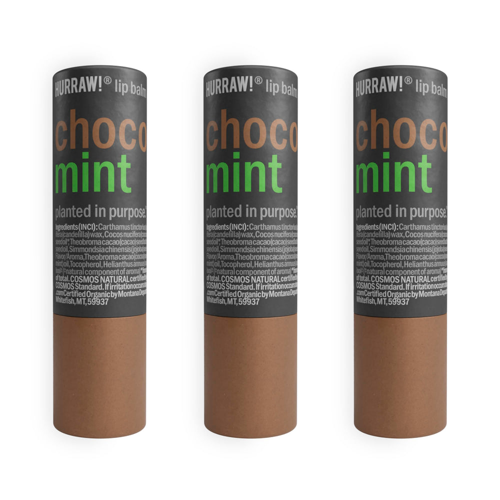 Hurraw Chocolate and Mint Lip Balm 3 pack in plastic free cardboard tubes for eco friendly lips