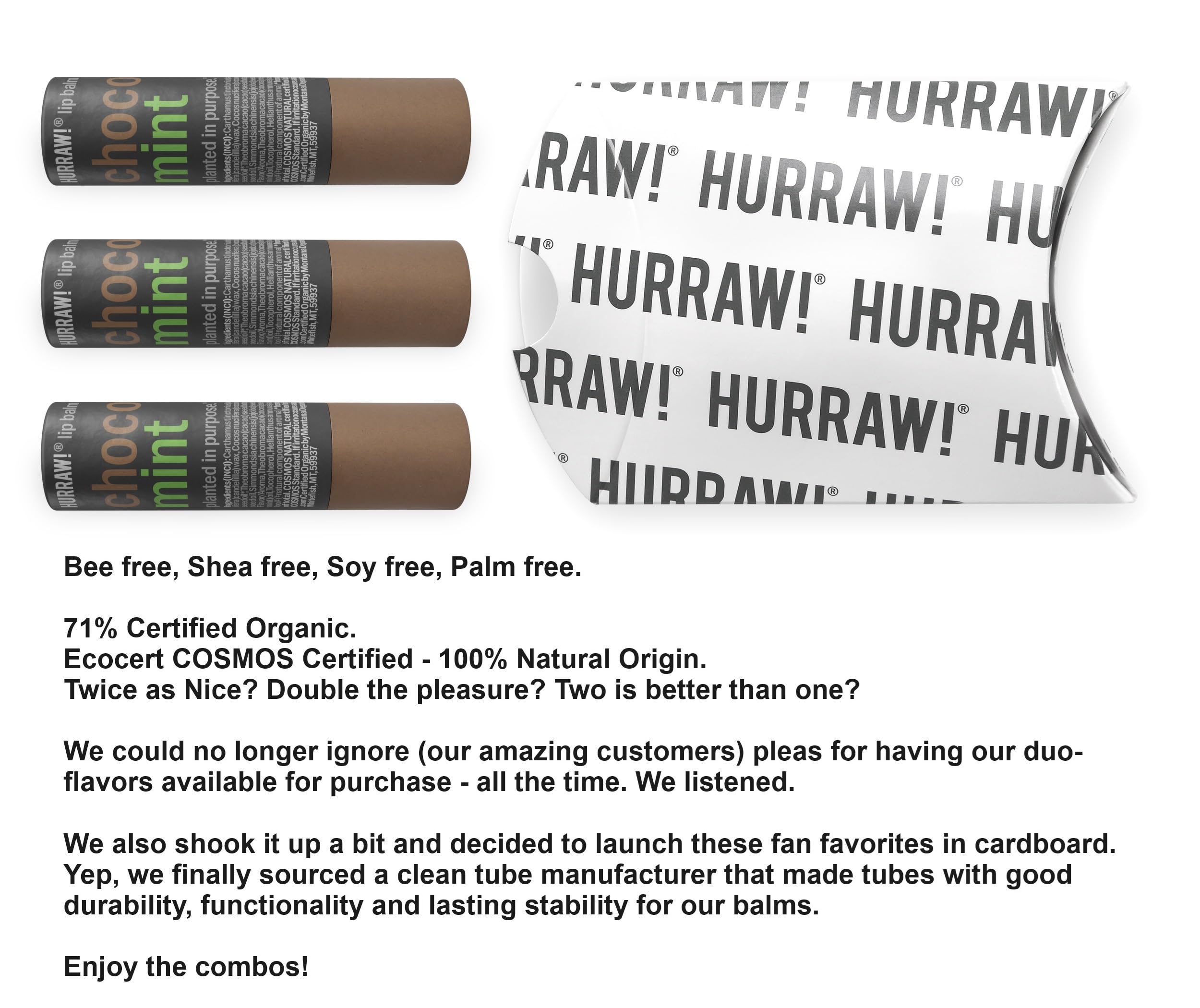 Close-up of Hurraw Chocolate and Mint lip balm in cardboard tube