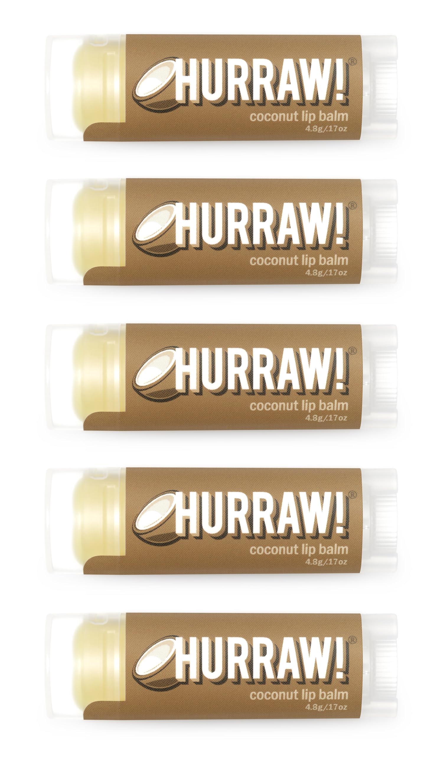 Hurraw! Coconut Lip Balm 5-pack tubes ready for daily use and travel