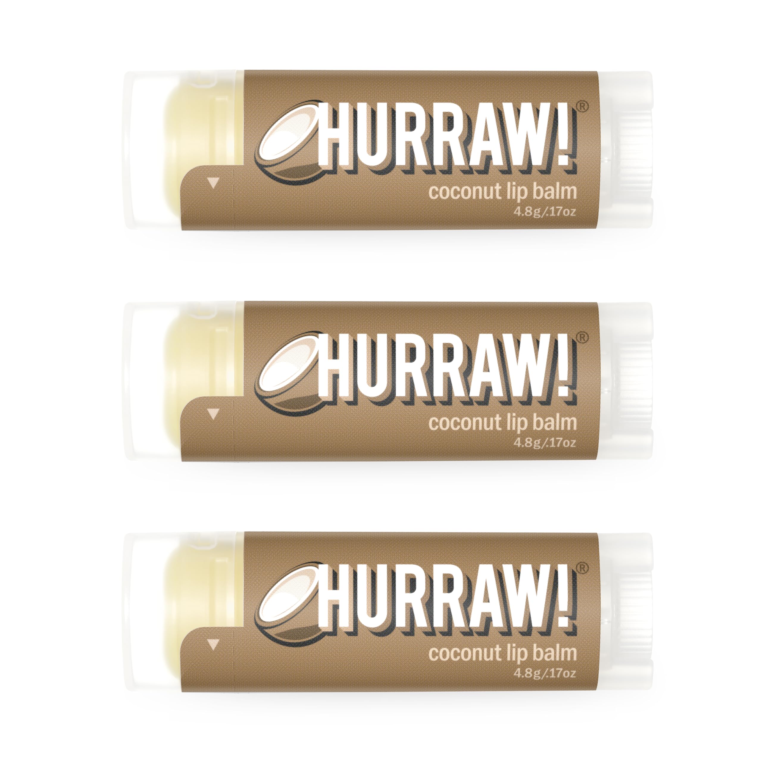 HURRAW! Coconut Lip Balm three-pack in a white box for convenient daily lip care.