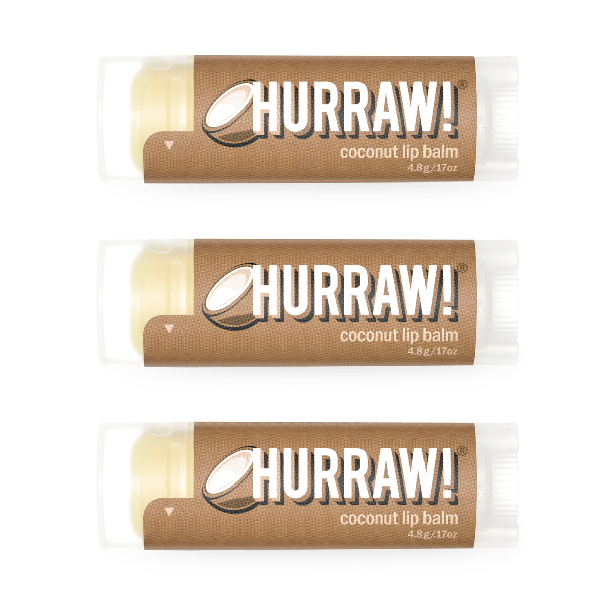 HURRAW! Coconut Lip Balm three-pack in a white box for convenient daily lip care.