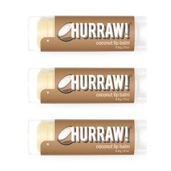 HURRAW! Coconut Lip Balm three-pack in a white box for convenient daily lip care.