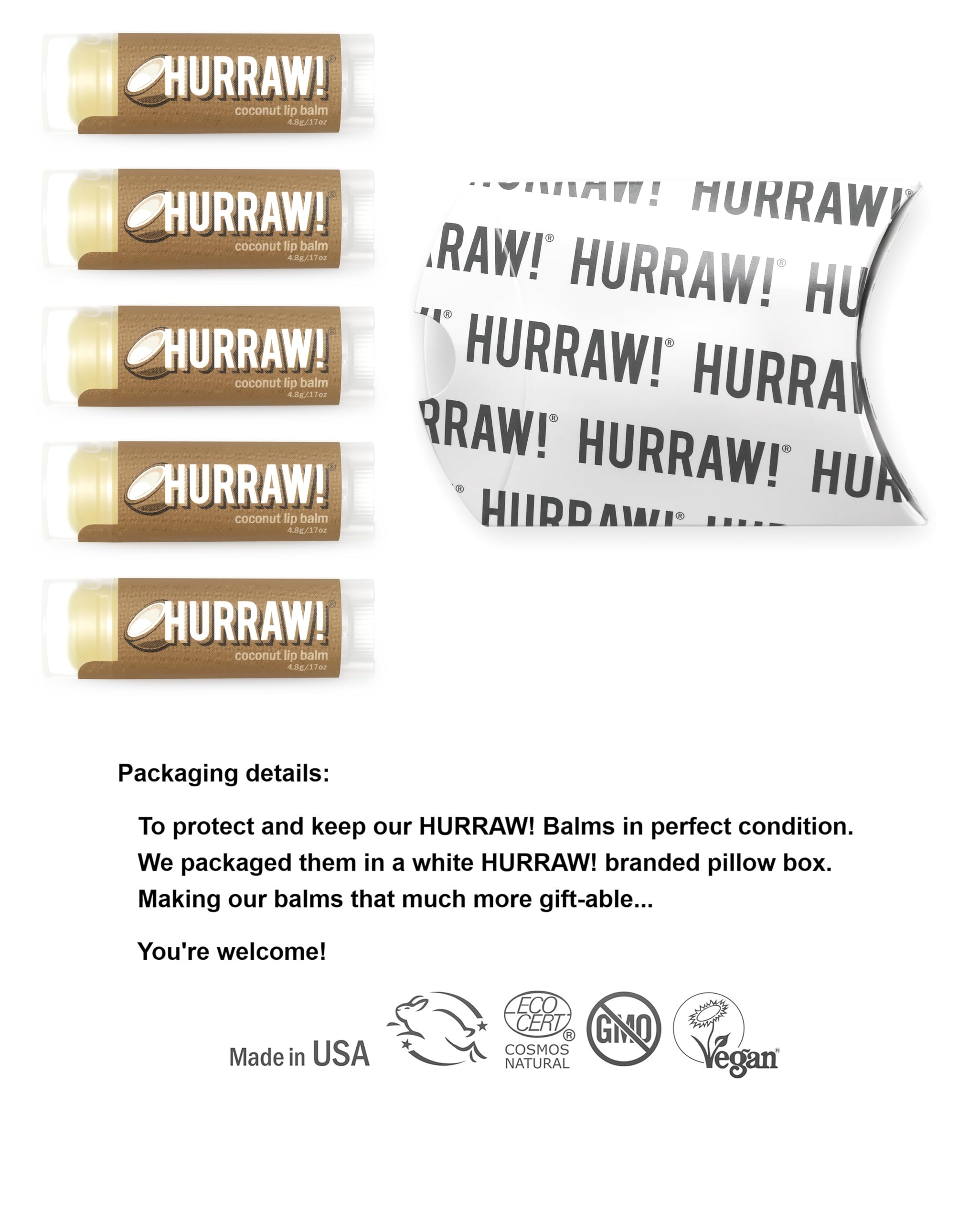 Hurraw! Coconut Lip Balm packaging inside a white box