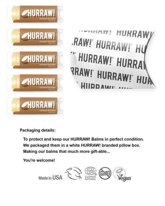 Hurraw! Coconut Lip Balm packaging inside a white box