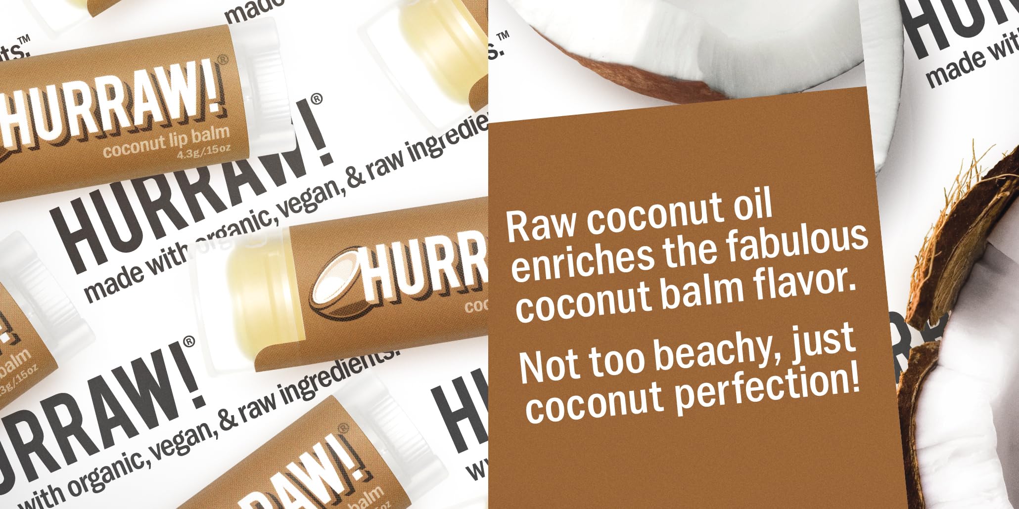 Hurraw Coconut lip balm packaging emphasizing vegan, raw ingredients.