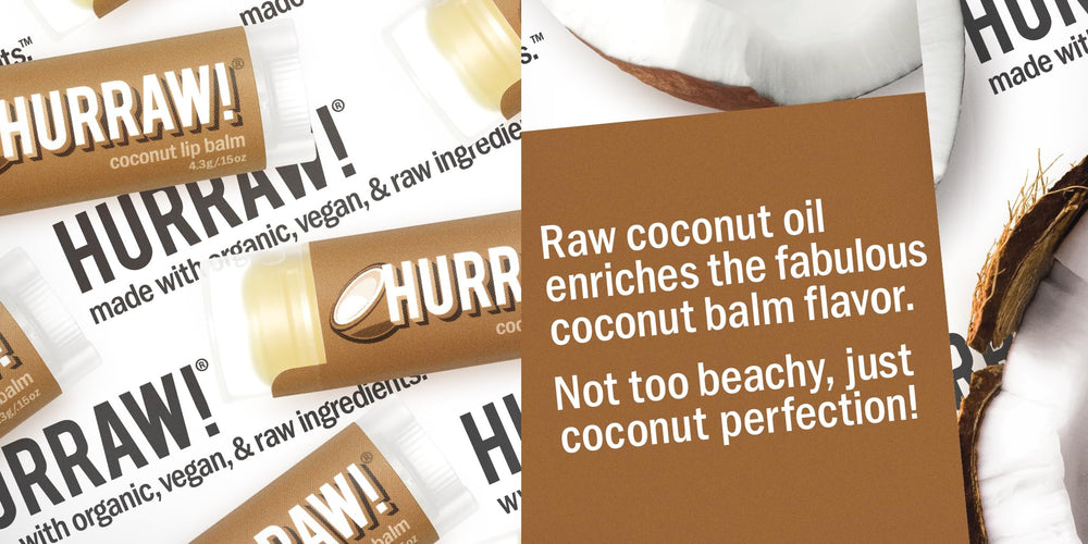 Hurraw Coconut lip balm packaging emphasizing vegan, raw ingredients.