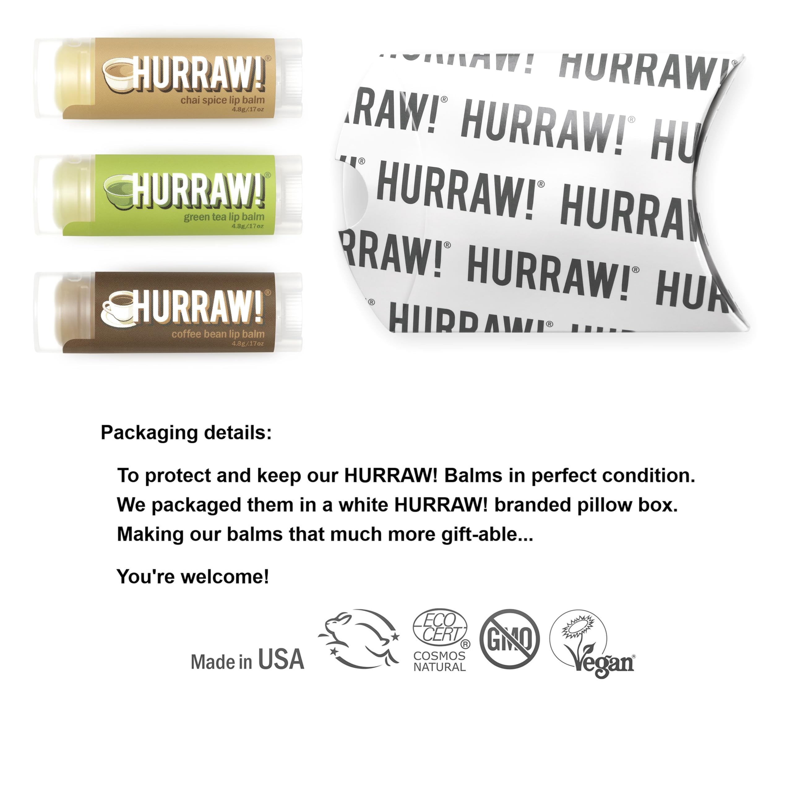 Hurraw! Green Tea lip balm tube with emollient oil for hydration.
